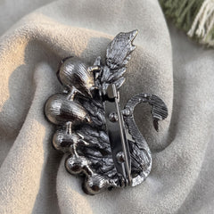 Silver-Tone Burgundy Peacock Brooch, rear view