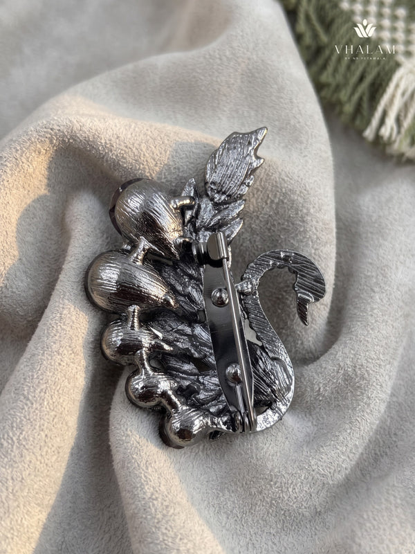 Silver-Tone Burgundy Peacock Brooch, rear view
