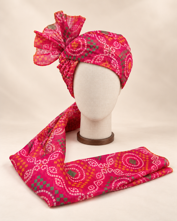 Front view of pink multicolour bandhani Barati Safa with white motifs and green and yellow accents