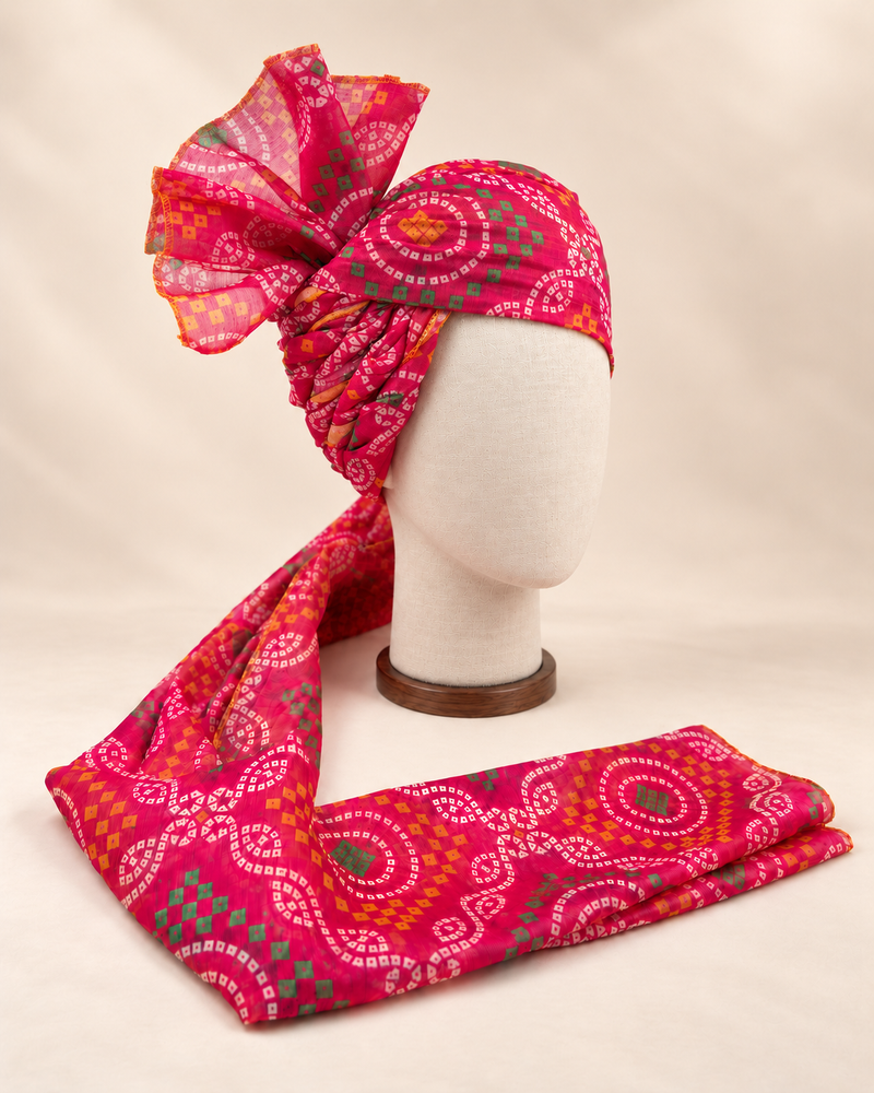 Right side view of pink multicolour bandhani Barati Safa showing twisted folds and fan detail