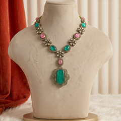 Pink and Turquoise Oval Pendant Dulha Mala, gallery view 1
