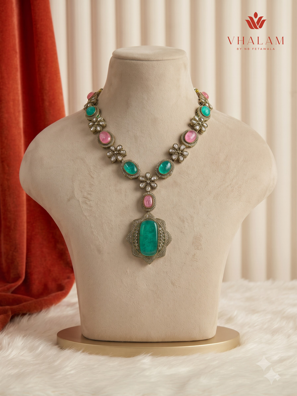 Pink and Turquoise Oval Pendant Dulha Mala, gallery view 1