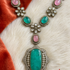 Pink and Turquoise Oval Pendant Dulha Mala, gallery view 2