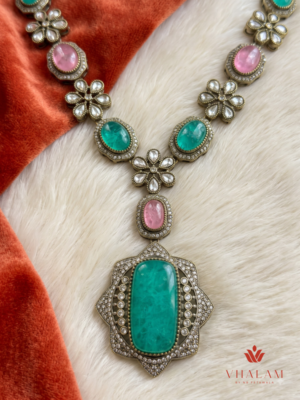 Pink and Turquoise Oval Pendant Dulha Mala, gallery view 2
