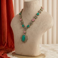 Pink and Turquoise Oval Pendant Dulha Mala, gallery view 3