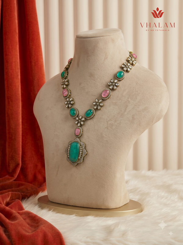 Pink and Turquoise Oval Pendant Dulha Mala, gallery view 3