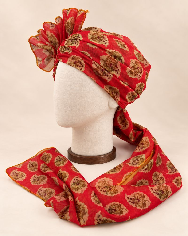 Left side view of red floral medallion Barati Safa showing its wrap and mustard-edged tail