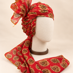 Right side view of red floral medallion Barati Safa showing twisted folds and fan