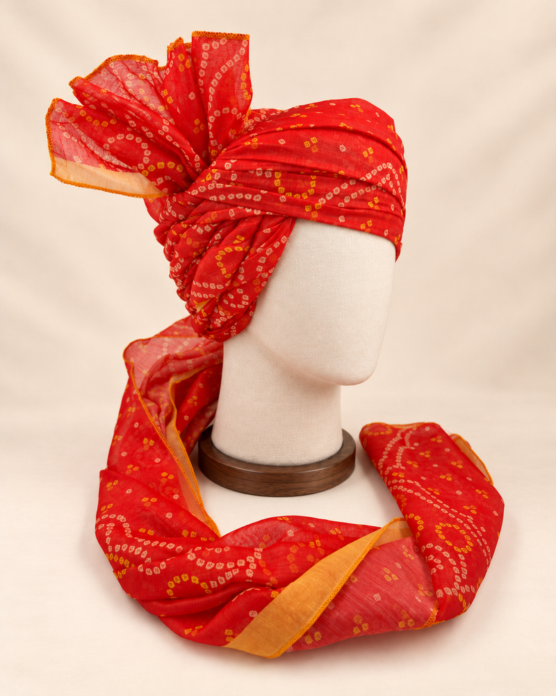 Right side view of red gold paisley bandhani print barati safa showing twisted folds and fan detail