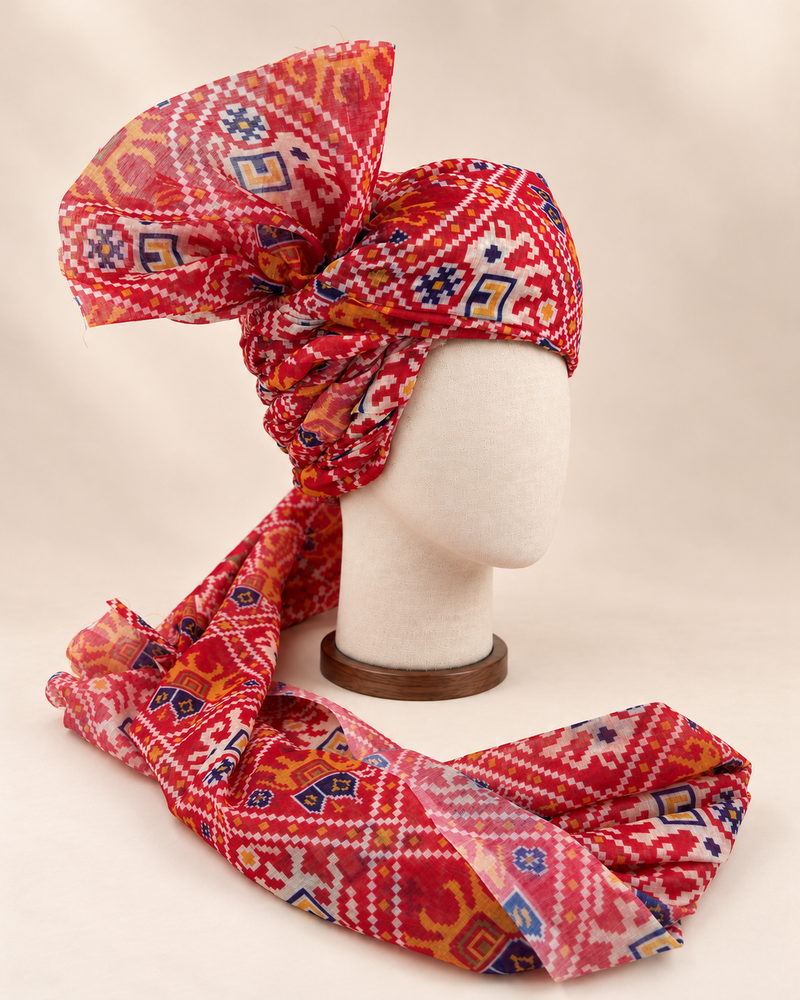 Right side view of red ikat geometric print barati safa showing twisted folds and fan detail