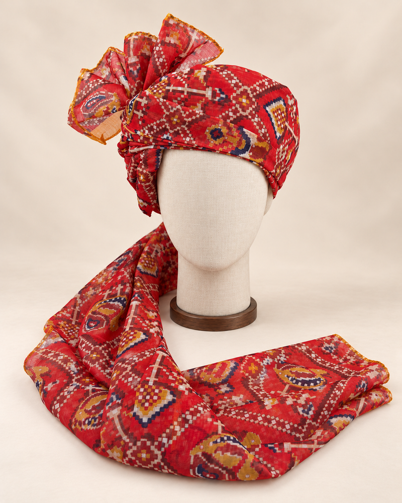 Front view of red multicolour geometric print Barati Safa with cream stepped diamond lattice