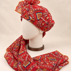 Left side view of red multicolour geometric print Barati Safa with navy mustard and maroon motifs