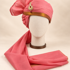Front view of rose pink gold border premium barati safa showing the gold-tone border and broad fan