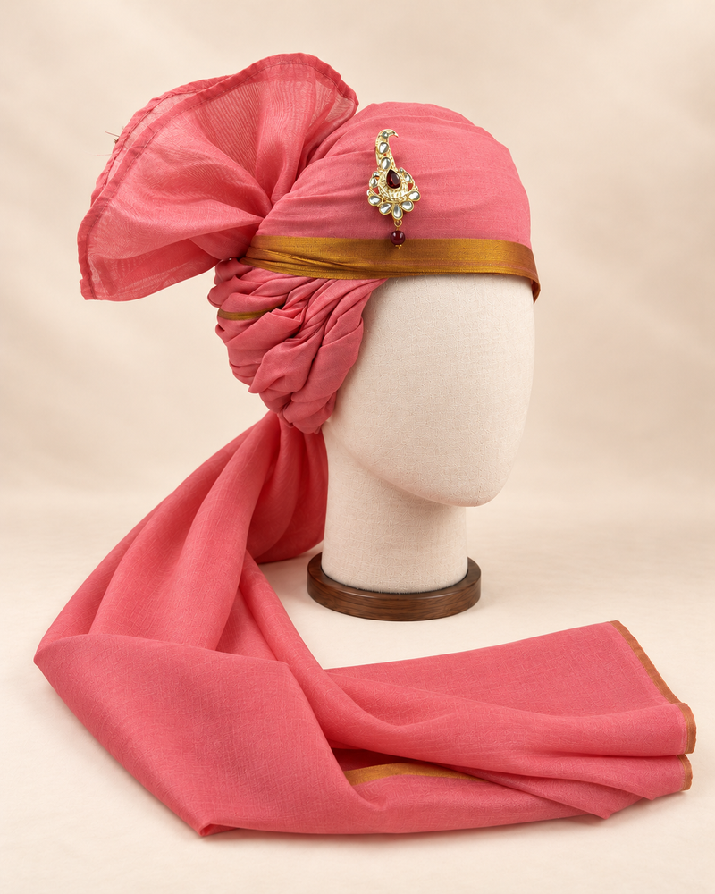 Right side view of rose pink gold border premium barati safa showing the twisted folds and fan detail