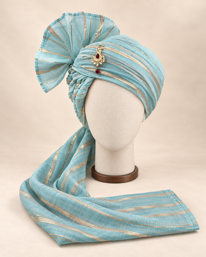 Front view of sky blue gold stripe premium Barati Safa showing the gold-tone stripes and broad fan