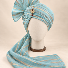 Front view of sky blue gold stripe premium Barati Safa showing the gold-tone stripes and broad fan
