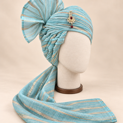 Right side view of sky blue gold stripe premium Barati Safa showing the twisted striped folds and fan detail