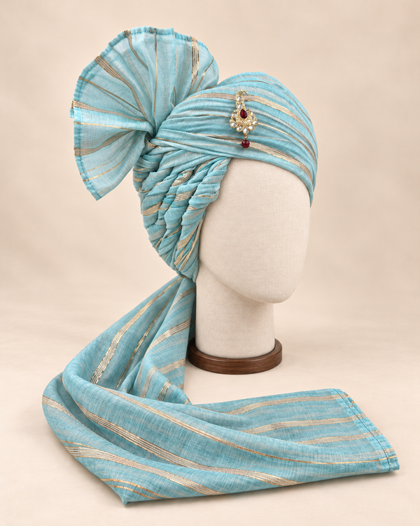 Right side view of sky blue gold stripe premium Barati Safa showing the twisted striped folds and fan detail