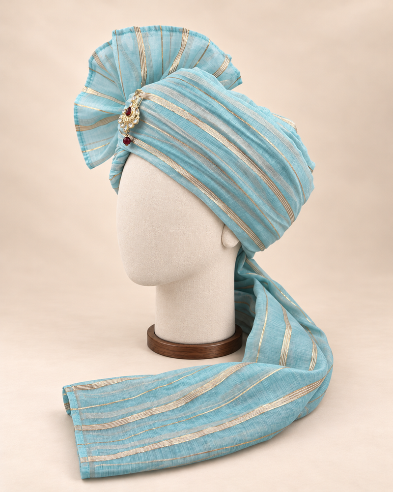 Left side view of sky blue gold stripe premium Barati Safa showing the striped wrap and long tail