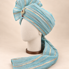 Left side view of sky blue gold stripe premium Barati Safa showing the striped wrap and long tail