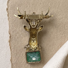 Gold-Tone Stag Head Brooch with Green Accent, rear view