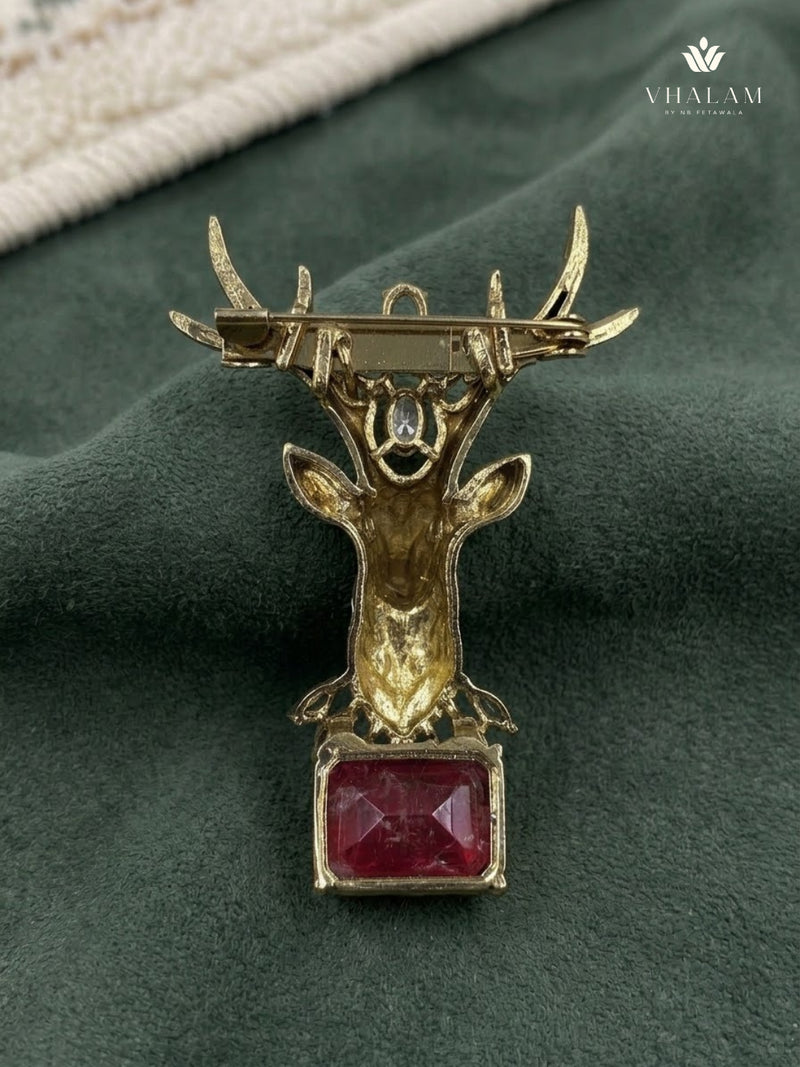 Gold-Tone Stag Head Brooch with Red Accent, rear view