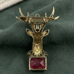 Gold-Tone Stag Head Brooch with Red Accent, rear view