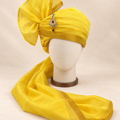 Front view of sunshine yellow gold border premium barati safa showing the gold-tone border and broad fan