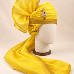 Right side view of sunshine yellow gold border premium barati safa showing twisted folds and fan detail