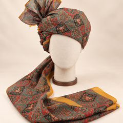 Front view of teal coral floral paisley Barati Safa with charcoal medallions and mustard border