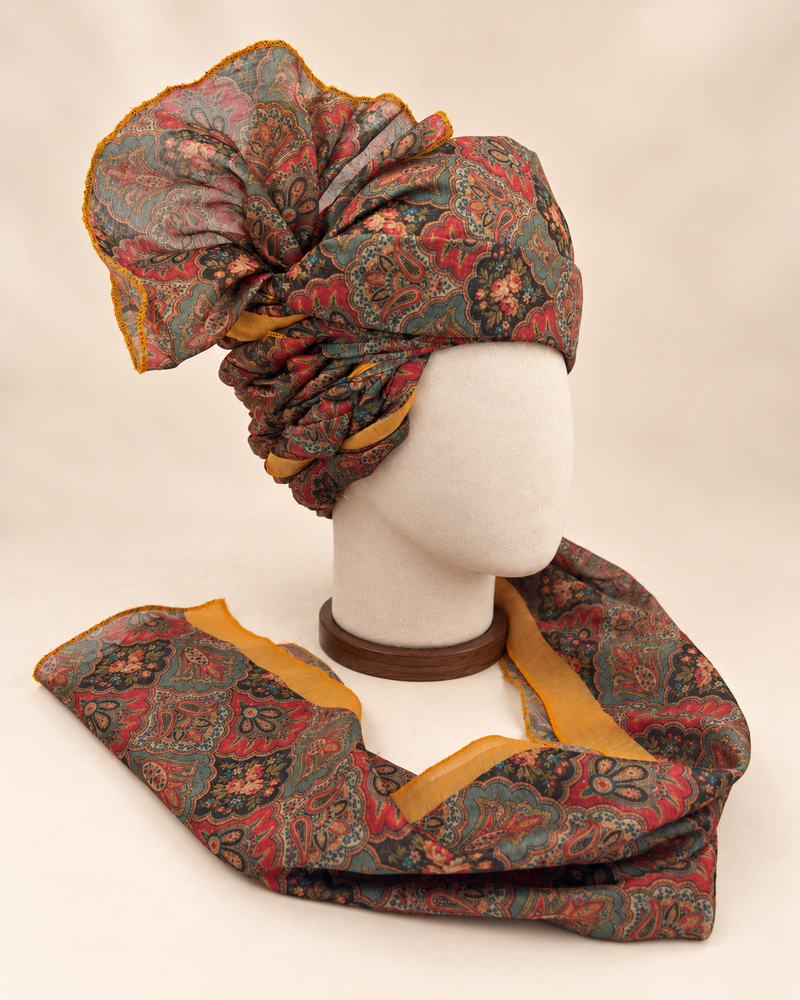Right side view of teal coral floral paisley Barati Safa showing twisted folds and fan