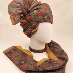 Right side view of teal coral floral paisley Barati Safa showing twisted folds and fan