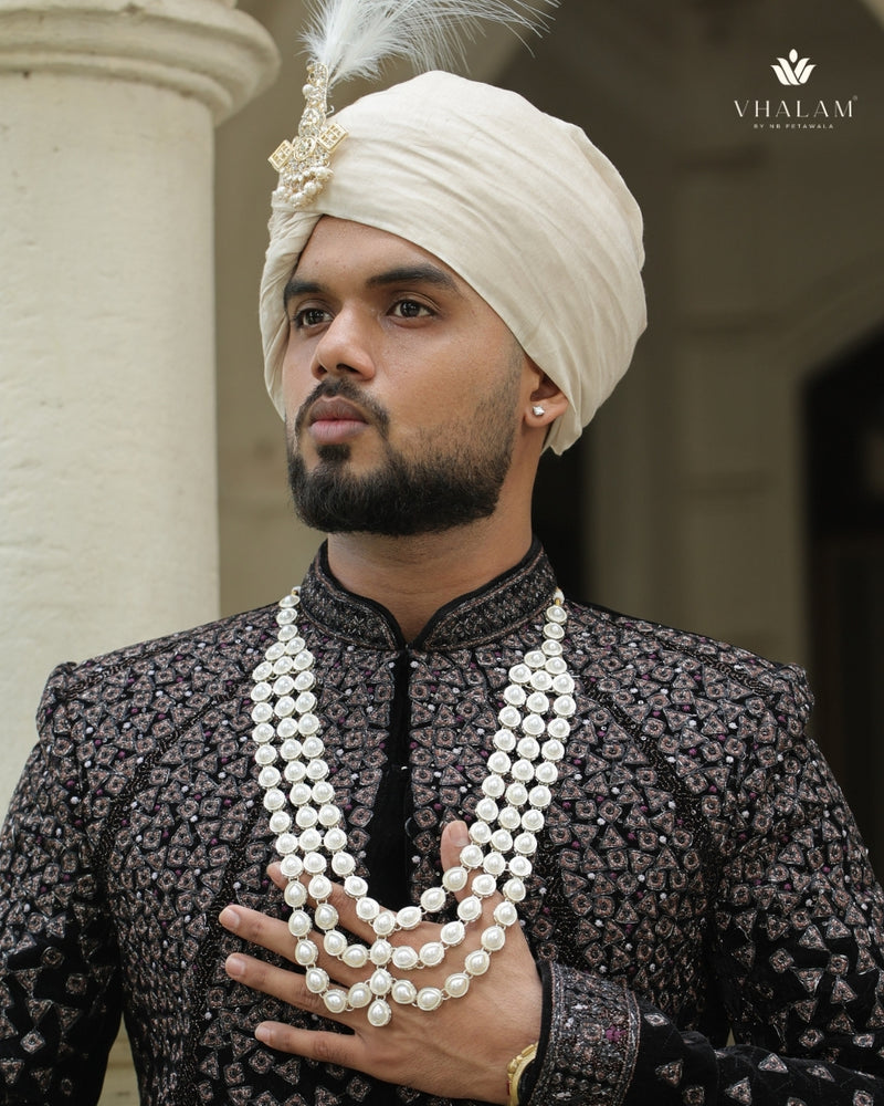 White Groom Tear-Drop Pearl Beaded Three-Layer Mala
