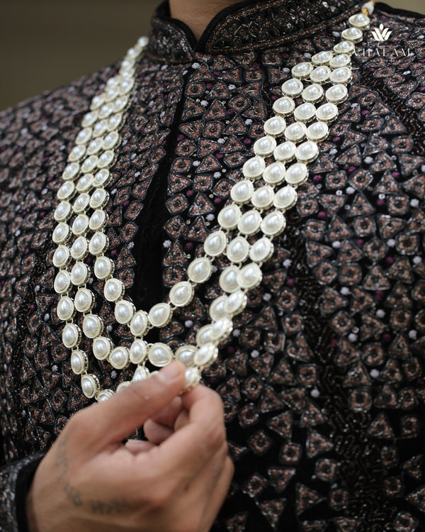 White Groom Tear-Drop Pearl Beaded Three-Layer Mala