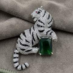 Silver-Tone Emerald Green Tiger Brooch, front view