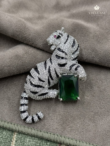 Silver-Tone Emerald Green Tiger Brooch