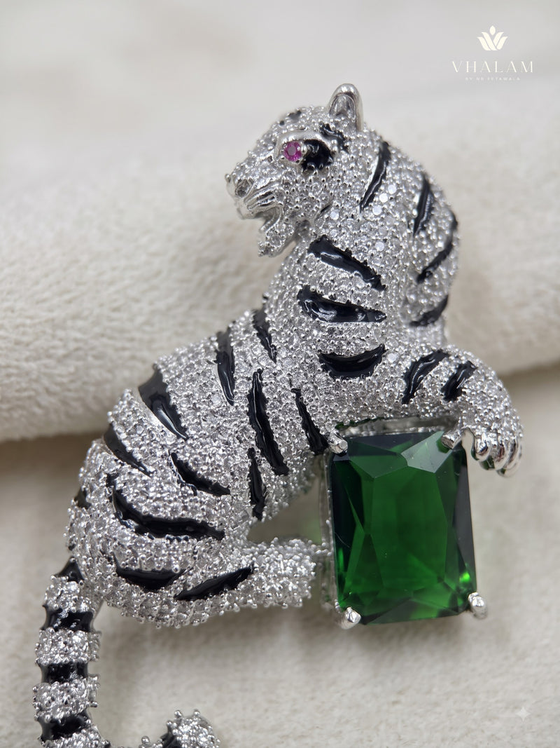 Silver-Tone Emerald Green Tiger Brooch, front view