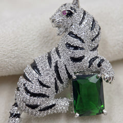 Silver-Tone Emerald Green Tiger Brooch, front view
