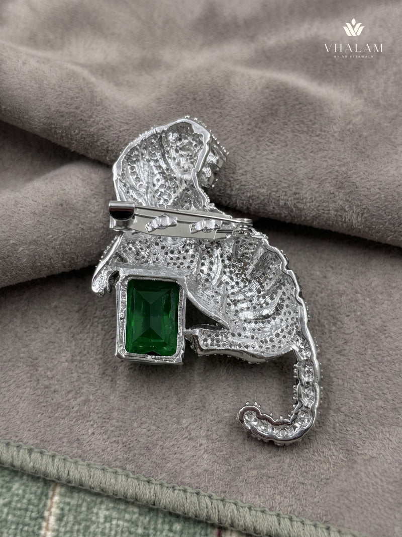 Silver-Tone Emerald Green Tiger Brooch, rear view