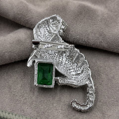 Silver-Tone Emerald Green Tiger Brooch, rear view