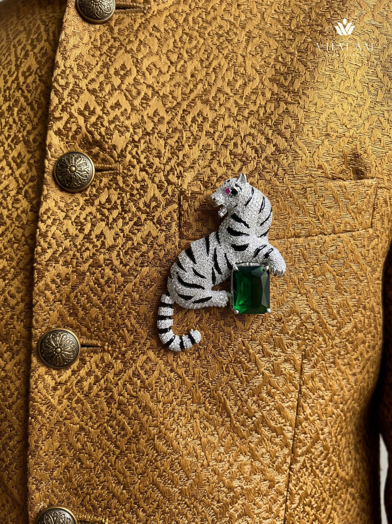 Silver-Tone Emerald Green Tiger Brooch, styled view