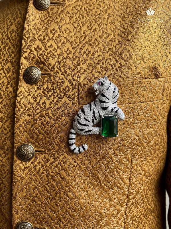 Silver-Tone Emerald Green Tiger Brooch, styled view