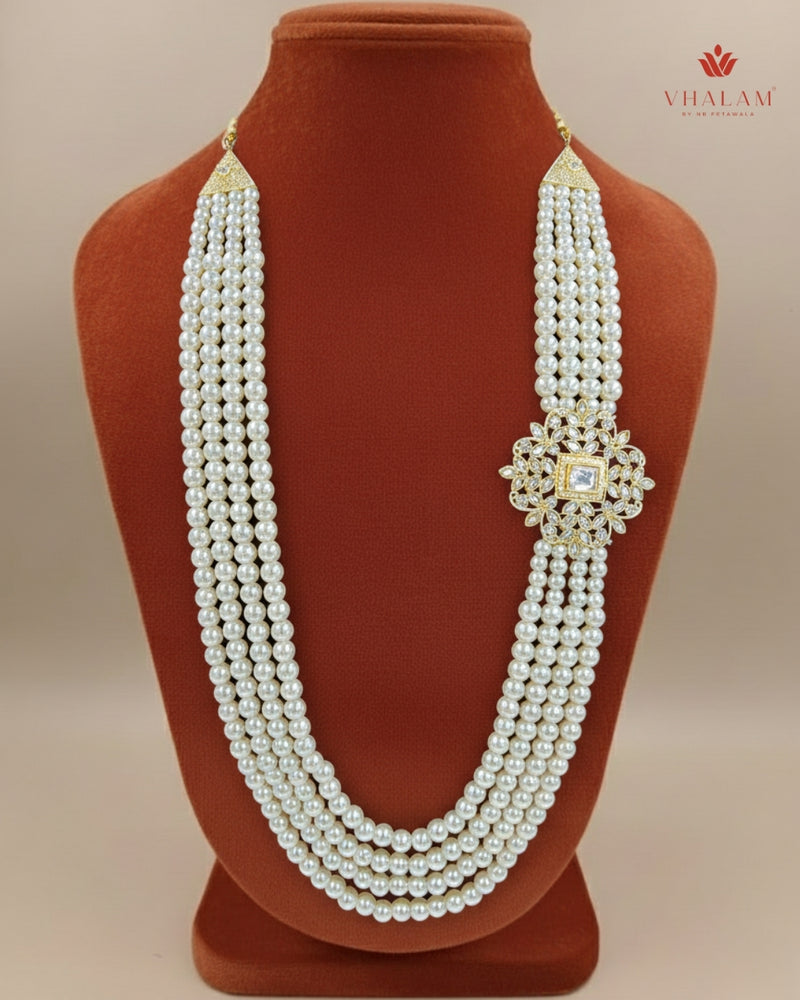 Groom Pearl & Kundan Floral Side White Brooch Mala