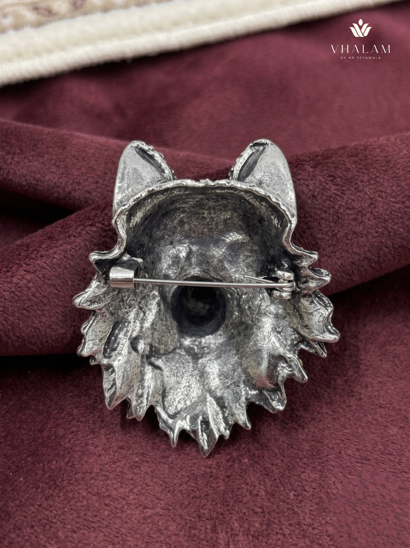 Silver-Tone Wolf Head Brooch, rear view