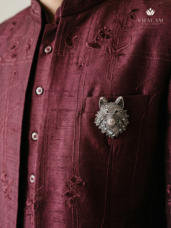 Silver-Tone Wolf Head Brooch, styled view